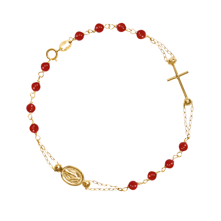 MIRACULOUS AND CROSS - CORAL ROSARY BRACELET - GOLD