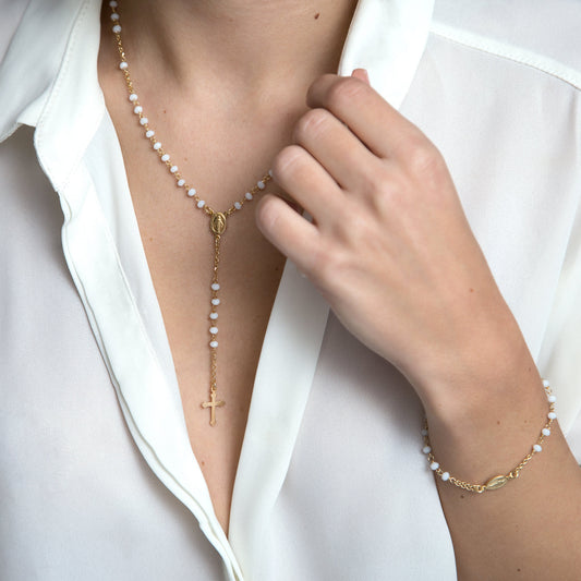 WHITE CRYSTAL ROSARY NECKLACE - VERMEIL SILVER