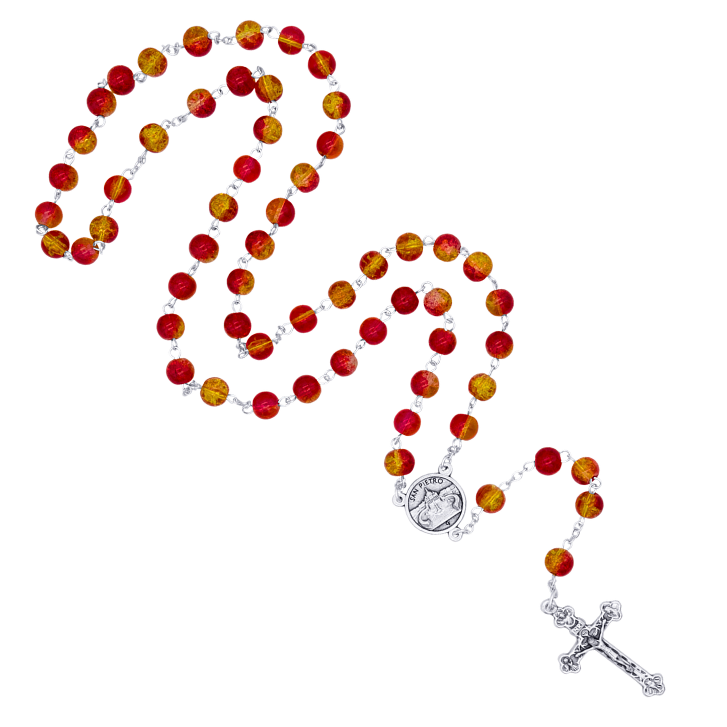 RED AND YELLOW GLASS - ROSARY - METAL