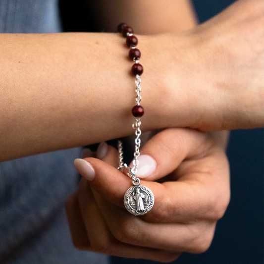 ST BENEDICT - WOOD ROSARY BRACELET - METAL