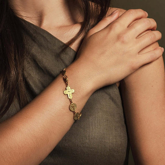 ST BENEDICT MEDAL & FOUR WAY CROSS - BRACELET - VERMEIL SILVER