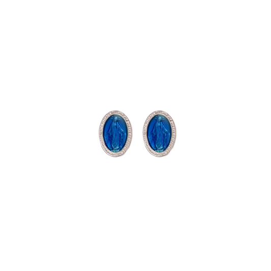 BLUE MIRACULOUS MEDAL - STUD EARRINGS - SILVER