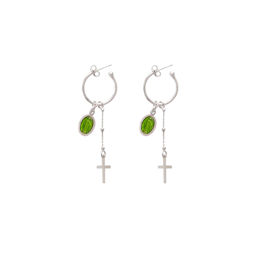 GREEN MIRACULOUS MEDAL - HOOP EARRINGS - SILVER