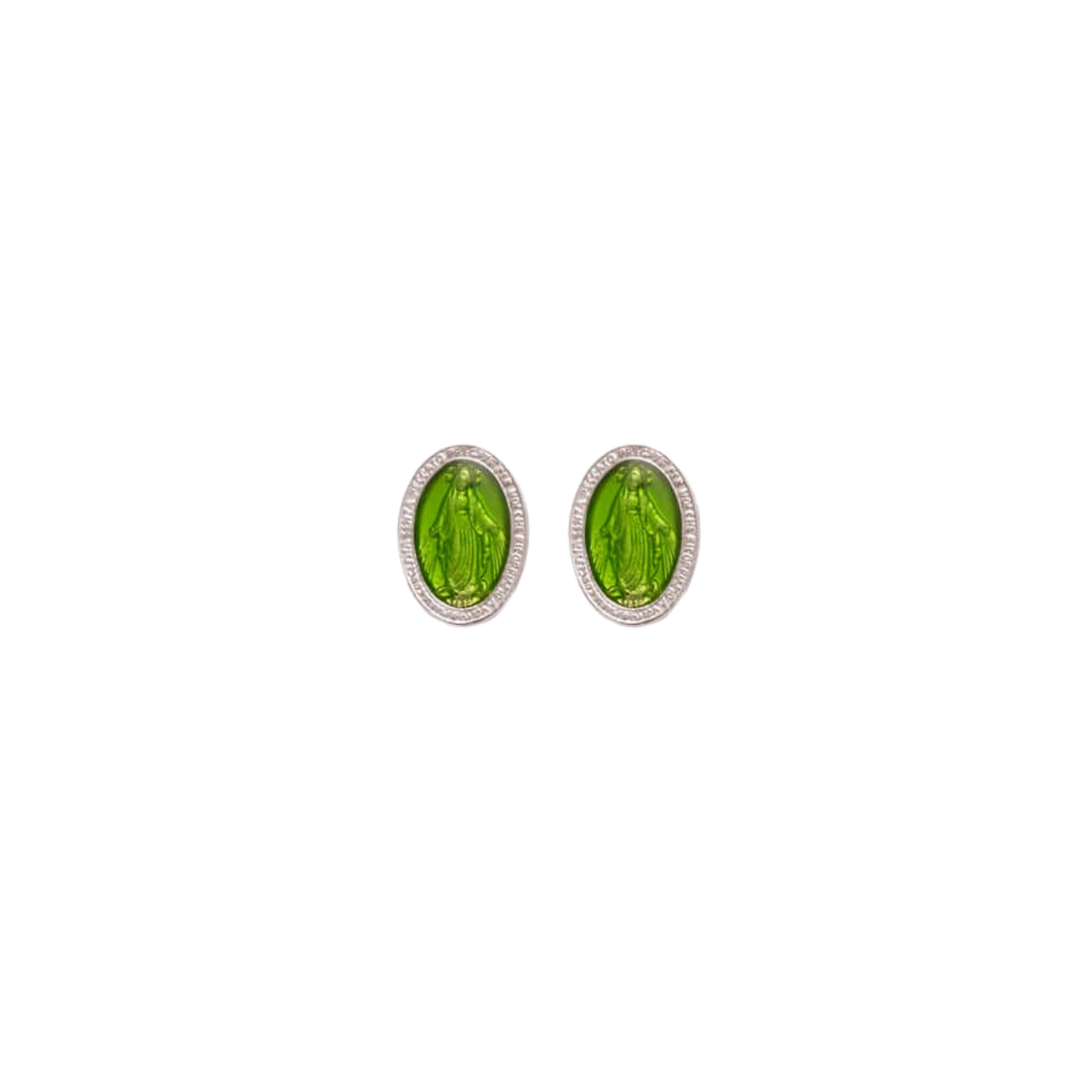 GREEN MIRACULOUS MEDAL - STUD EARRINGS - SILVER