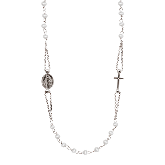 MIRACULOUS AND CROSS - PEARL NECKLACE - WHITE GOLD