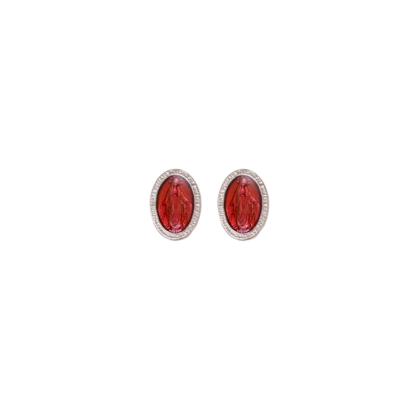 RED MIRACULOUS MEDAL - STUD EARRINGS - SILVER