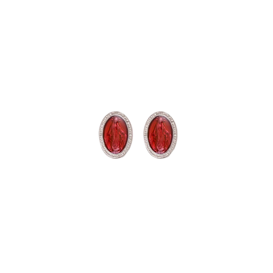 RED MIRACULOUS MEDAL - STUD EARRINGS - SILVER