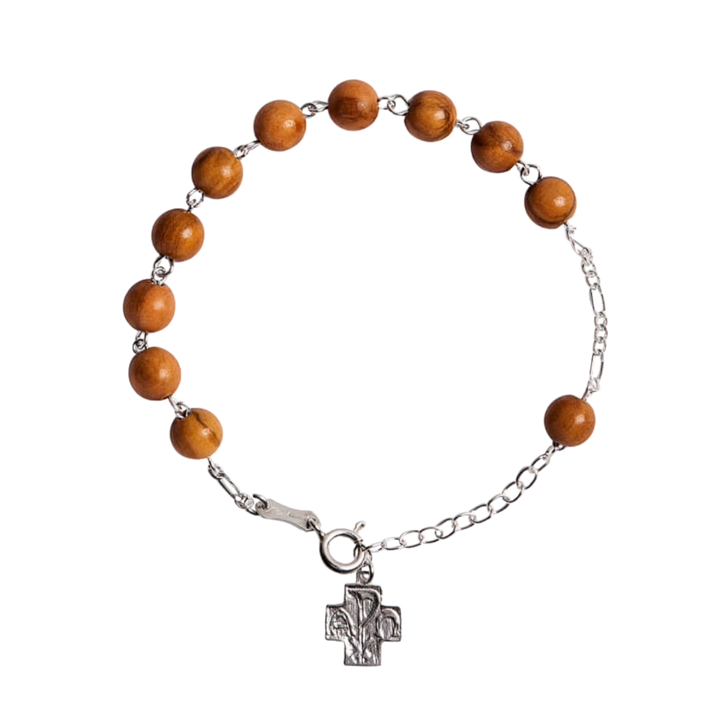 OLIVE WOOD BEADS ROSARY BRACELET - SILVER
