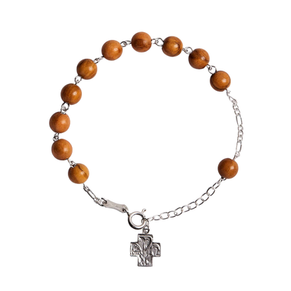OLIVE WOOD BEADS ROSARY BRACELET - SILVER