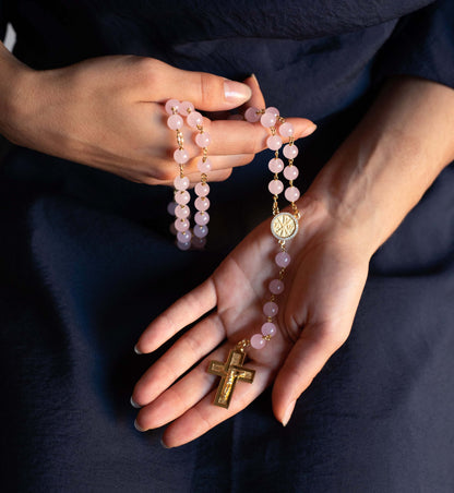 ROSE QUARTZ ROSARY - VERMEIL SILVER