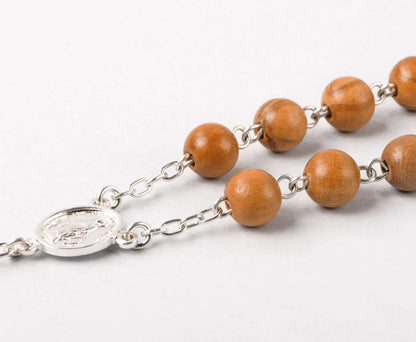 OLIVE WOOD BEADS ROSARY - SILVER