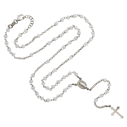 WHITE CRYSTAL ROSARY NECKLACE - SILVER