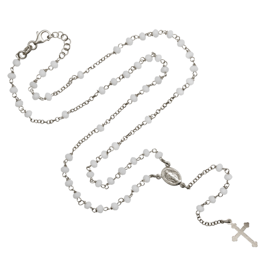 WHITE CRYSTAL ROSARY NECKLACE - SILVER