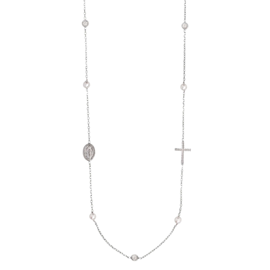 MIRACULOUS AND CROSS - NECKLACE PEARL AND CRYSTAL - SILVER