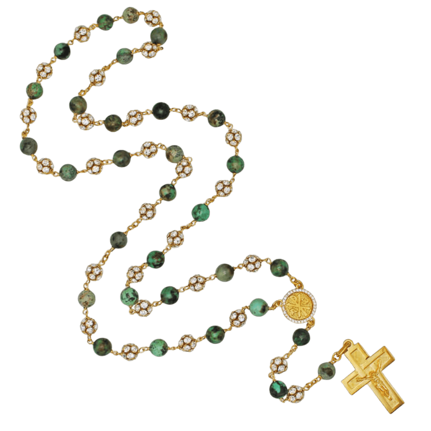 AFRICAN TURQUOISE ROSARY AND STRASSBALL - VERMEIL SILVER