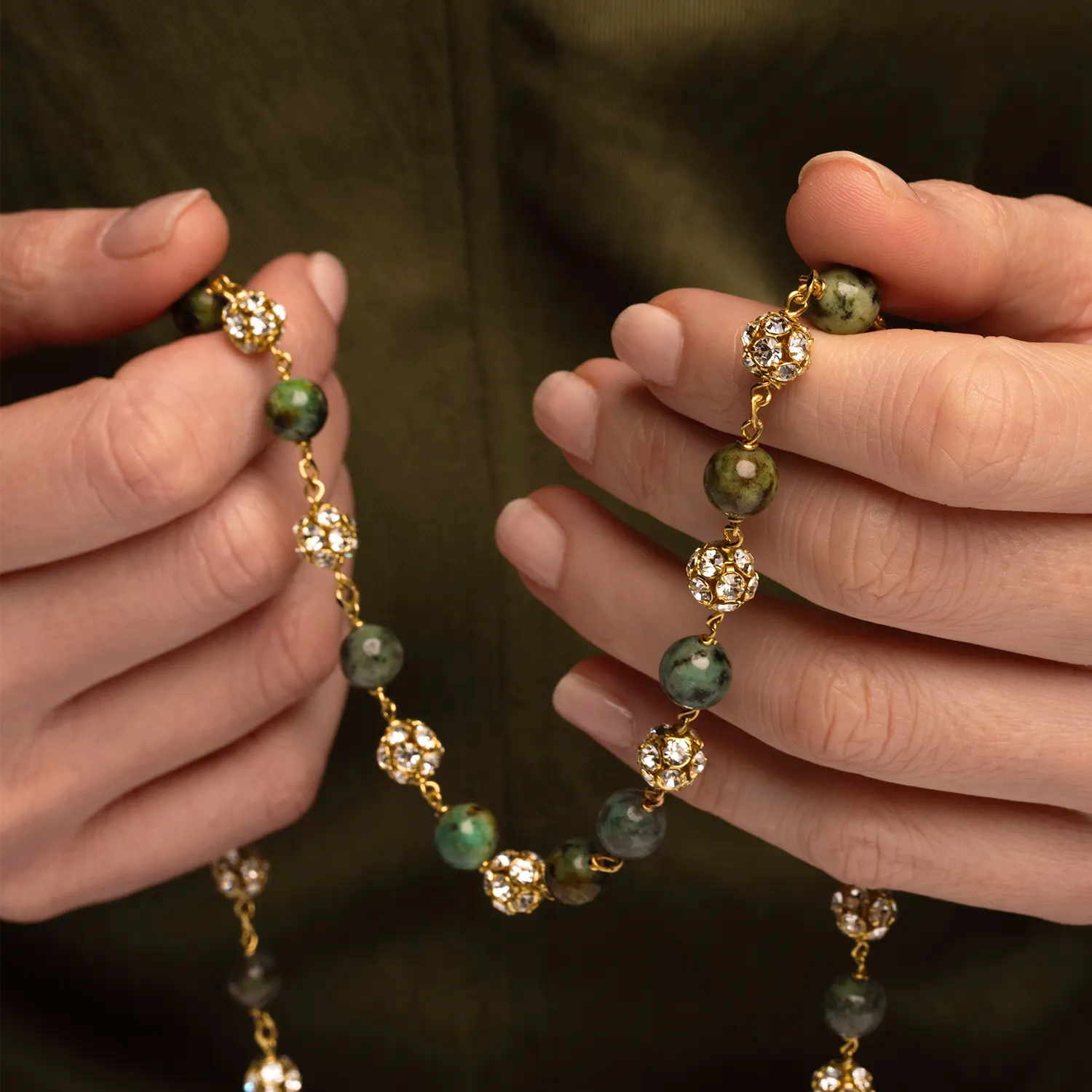 AFRICAN TURQUOISE ROSARY AND STRASSBALL - VERMEIL SILVER