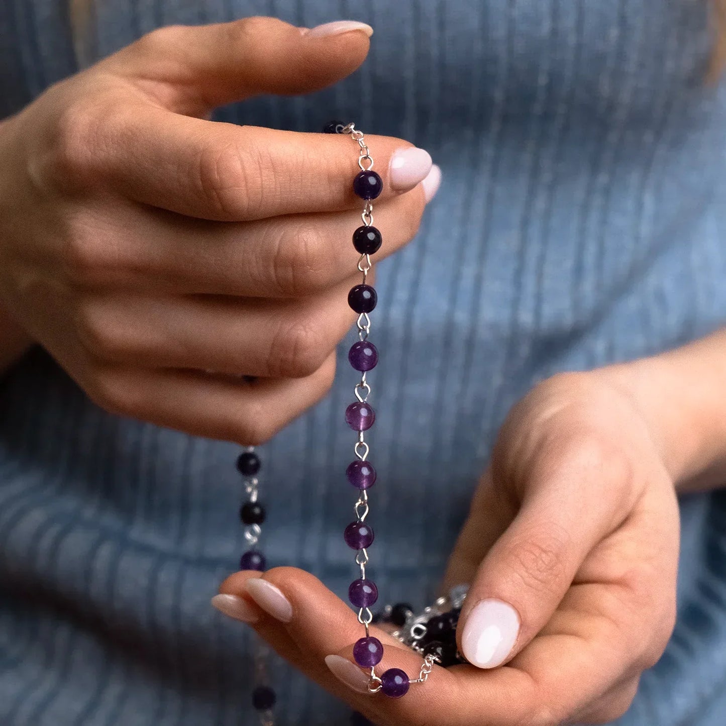 AMETHYST BEADS ROSARY - SILVER