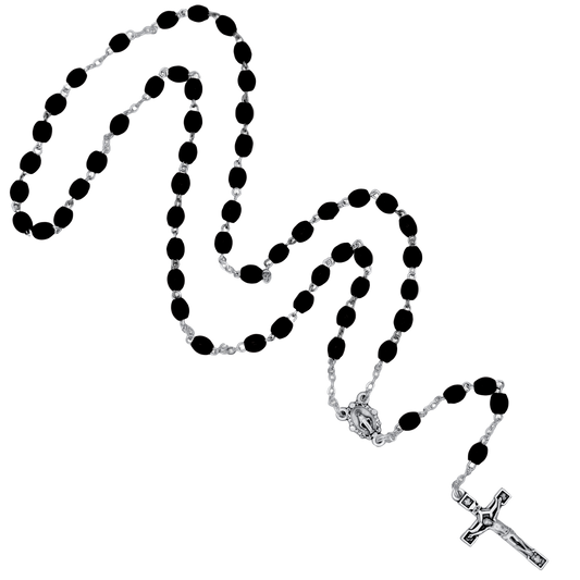 BLACK WOOD BEADS ROSARY- METAL