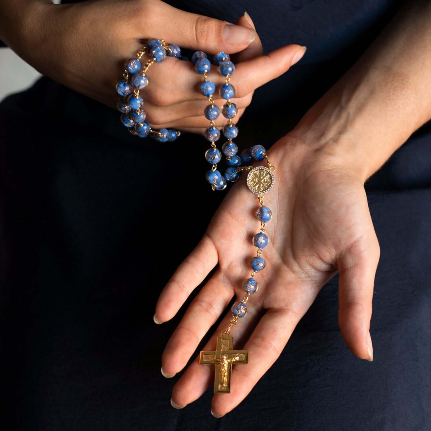 BLUE GLASS BEADS ROSARY - VERMEIL SILVER