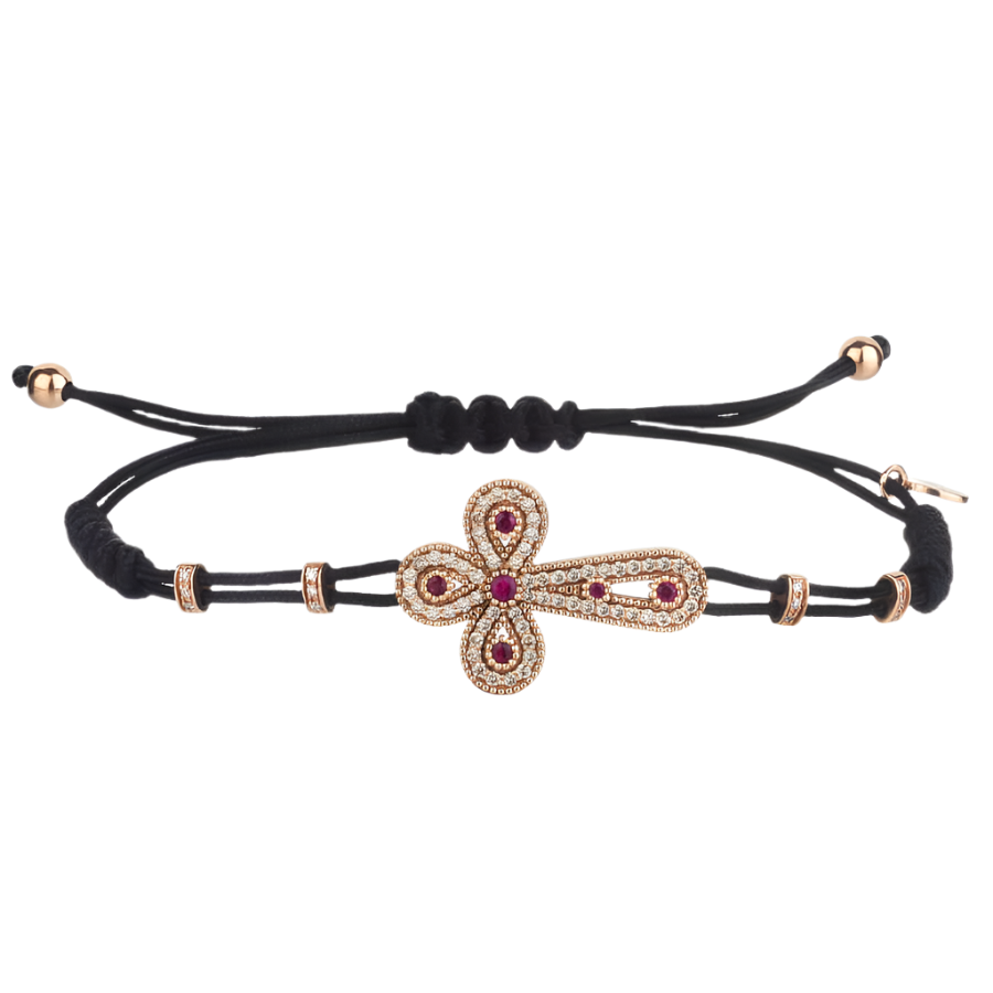 CROSS BRACELET WITH RUBIES - GOLD AND DIAMONDS