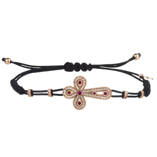 CROSS BRACELET WITH RUBIES - GOLD AND DIAMONDS