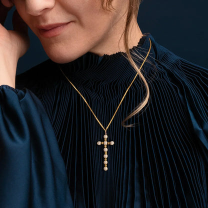 CROSS NECKLACE - PEARLS AND GOLD