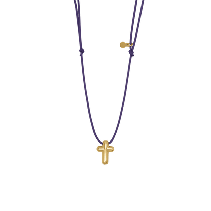 CROSS NECKLACE - PURPLE ROPE AND GOLDEN SILVER