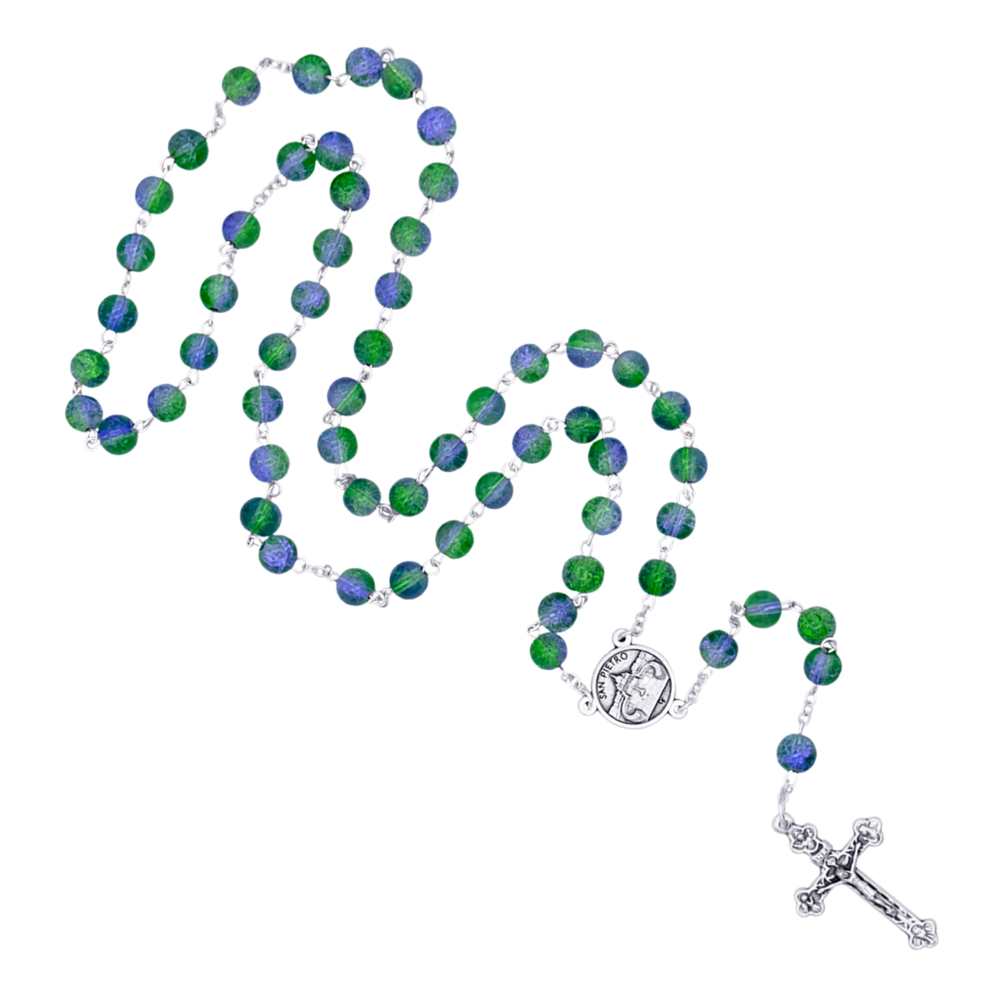 GREEN AND PURPLE GLASS  - ROSARY - METAL