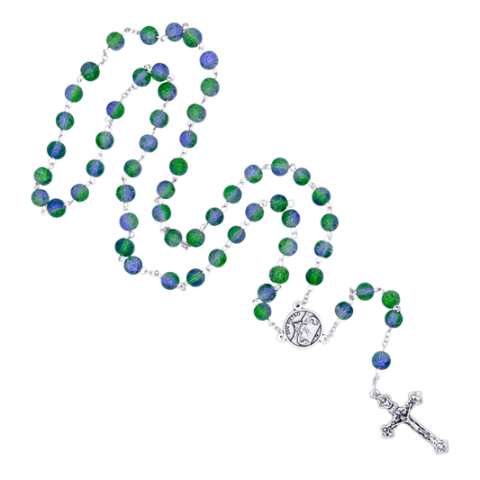 GREEN AND PURPLE GLASS  - ROSARY - METAL