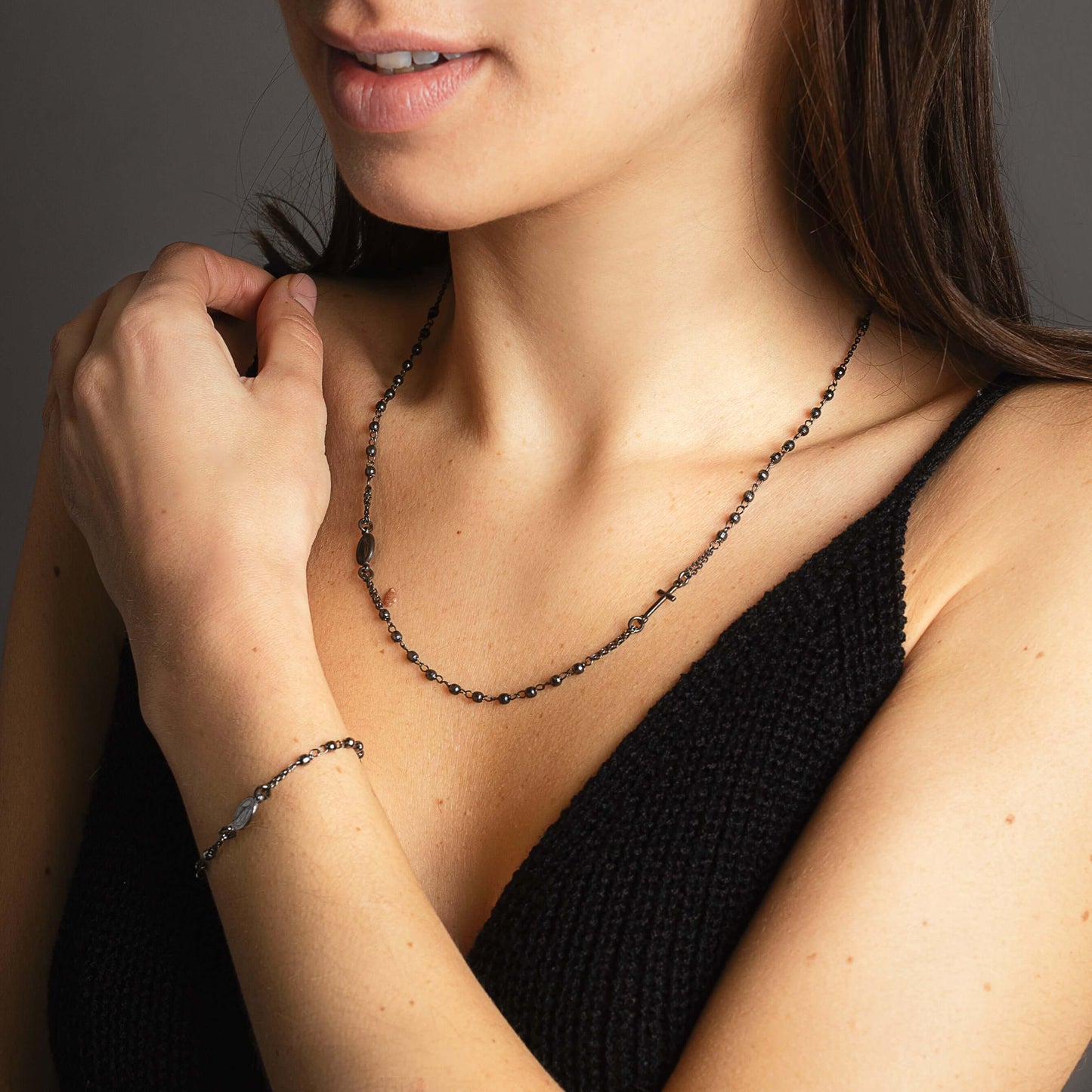 MIRACULOUS AND CROSS - NECKLACE - BLACK SILVER