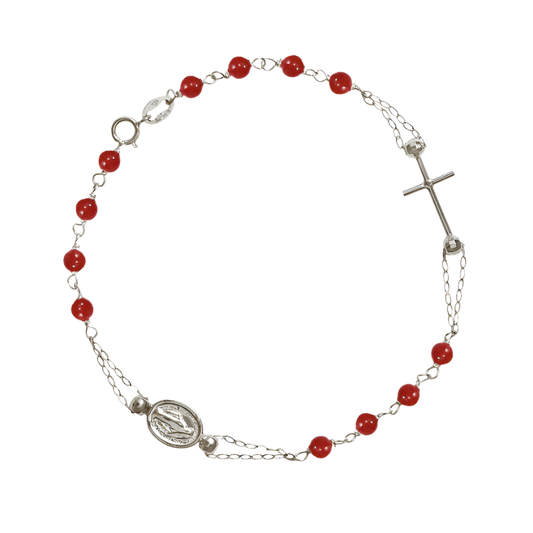 MIRACULOUS AND CROSS - CORAL ROSARY BRACELET - WHITE GOLD