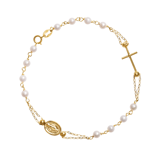 MIRACULOUS AND CROSS - PEARLS ROSARY BRACELET - GOLD