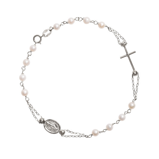 MIRACULOUS AND CROSS - PEARLS ROSARY BRACELET - WHITE GOLD