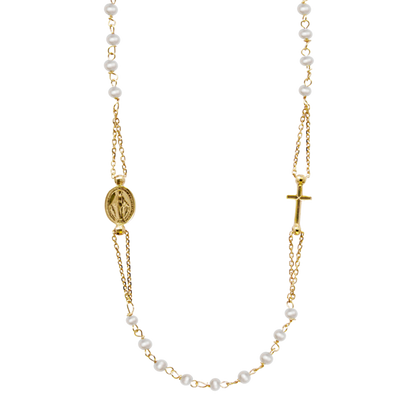 MIRACULOUS AND CROSS - PEARL NECKLACE - GOLD