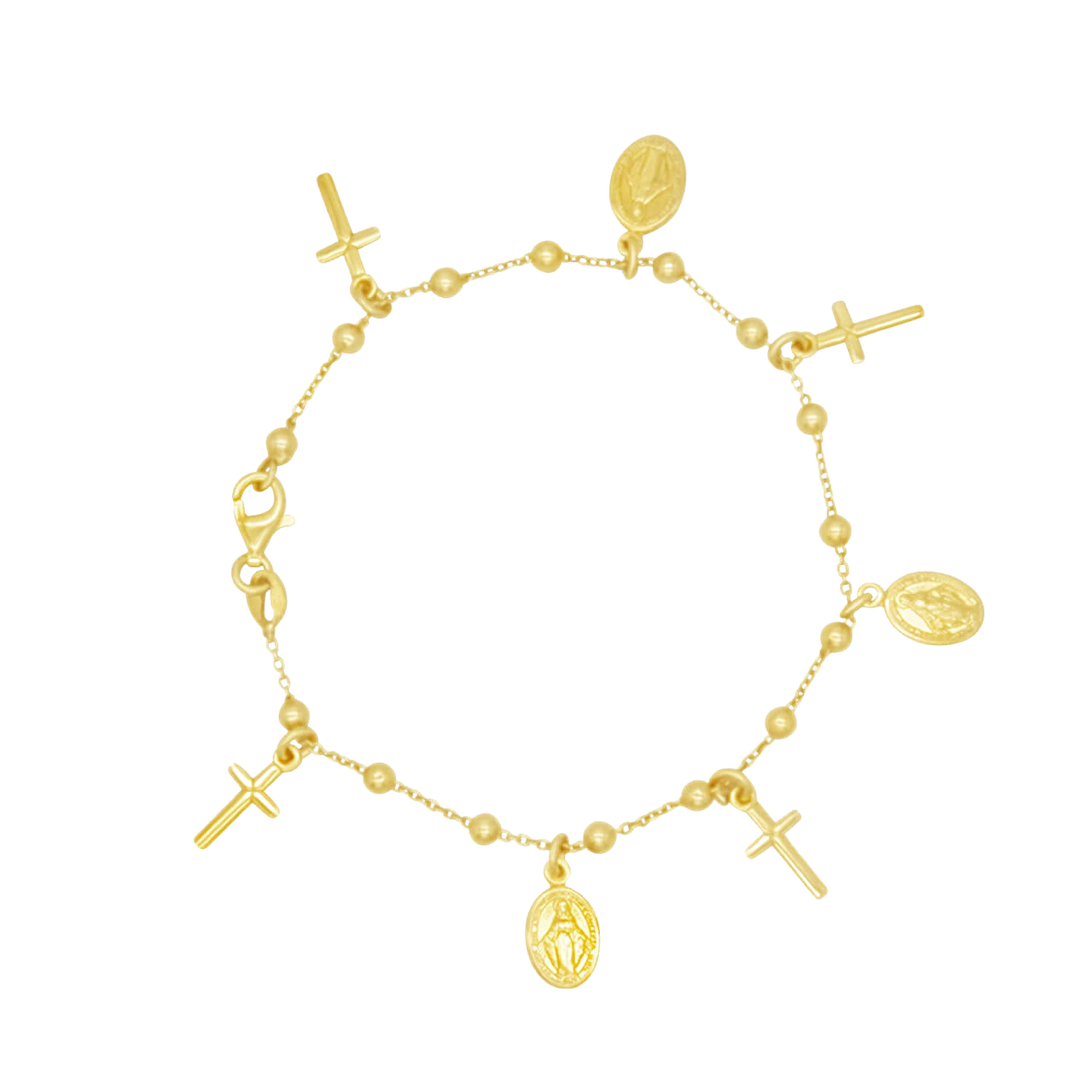 MIRACULOUS MEDAL AND CROSS CHARMS - BRACELET - GOLDEN SILVER