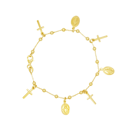 MIRACULOUS MEDAL AND CROSS CHARMS - BRACELET - GOLDEN SILVER
