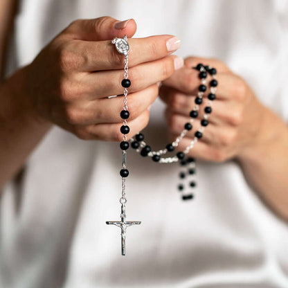 ONYX BEADS ROSARY - SILVER
