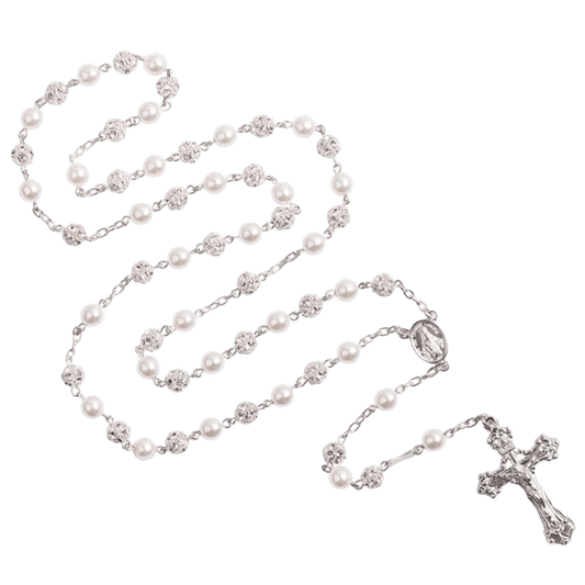 STRASSBALL AND PEARL BEADS ROSARY - SILVER