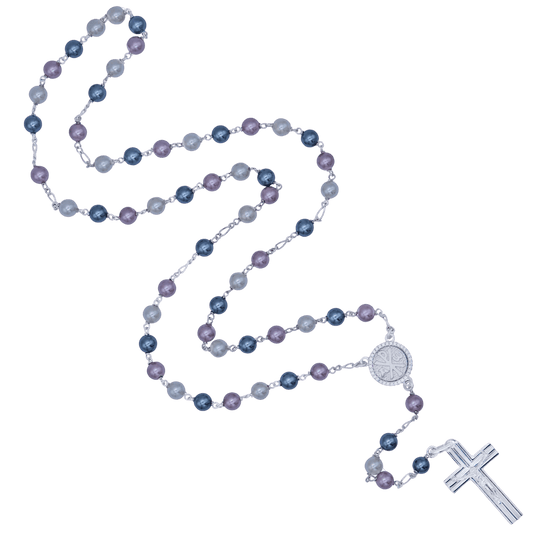 THREE TONE PEARL ROSARY - SILVER