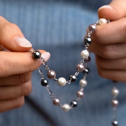 THREE TONE PEARL ROSARY - SILVER